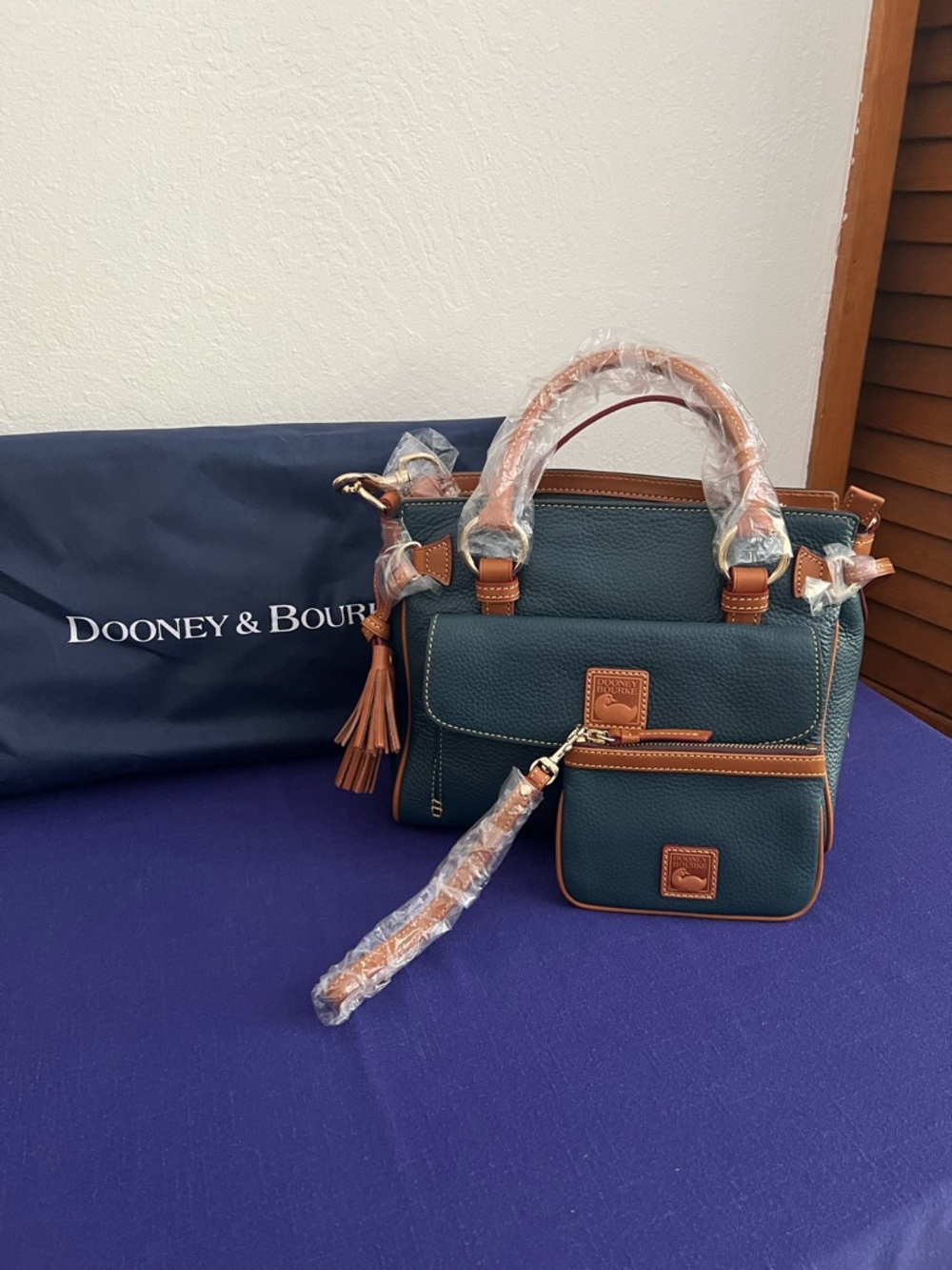 Dooney & Bourke Teal Pebbled Leather Satchel with Brown Trim NWT